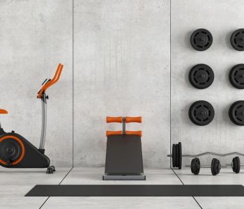 Concrete room with stationary bike, abdominal bench and weight - 3d rendering